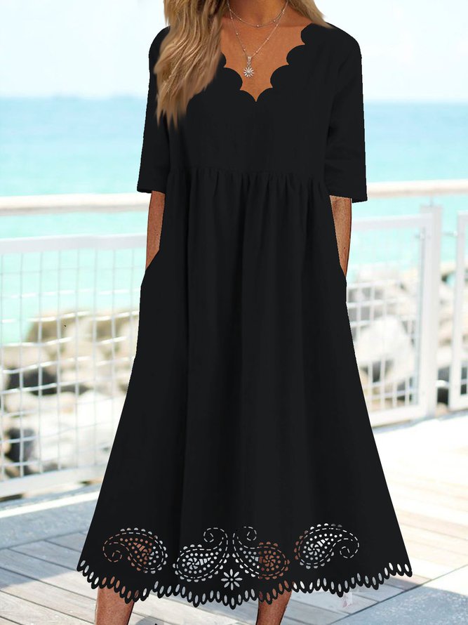 V Neck Solid Casual Midi Prom Dress