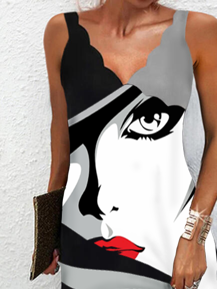 abstract face print wavy neck Prom Dress Loosen Sexy Sleeveless Woven Prom Dress