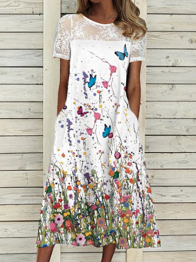 Crew Neck Floral Lace Casual Midi Dresses